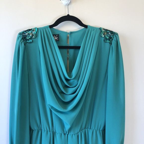 Vintage 1980's Ursula of Switzerland Chiffon Cocktail Dress Aqua Green Size 14 - Picture 10 of 14